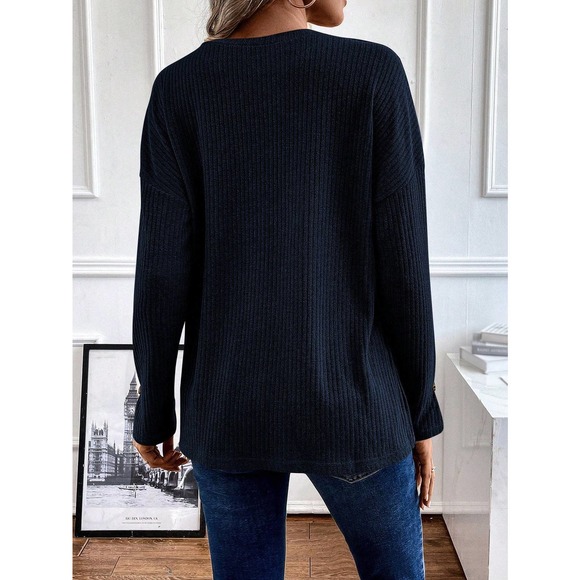 preppy Half Button Drop Shoulder ribbed Knit long sleeve Tee - Picture 10 of 11